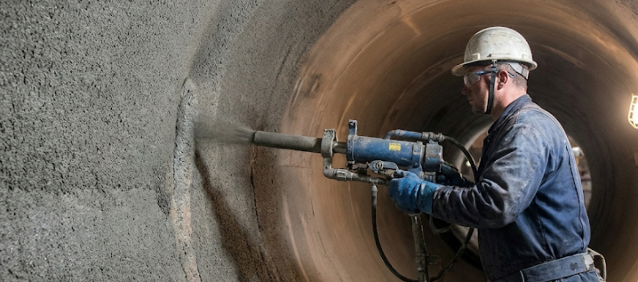 Worker applying refractory gunning inside a DRI rotary kiln
